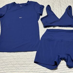 SET Active Blue Sports Bra, Shorts & Tee Triple Set size small